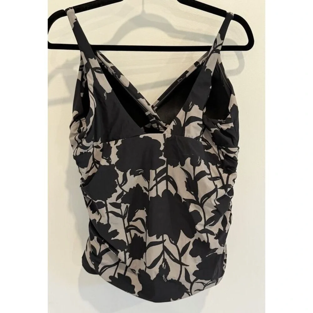 Lands End Black Gray Floral Print Swimsuit Tankini Top Slendersuit Size 18